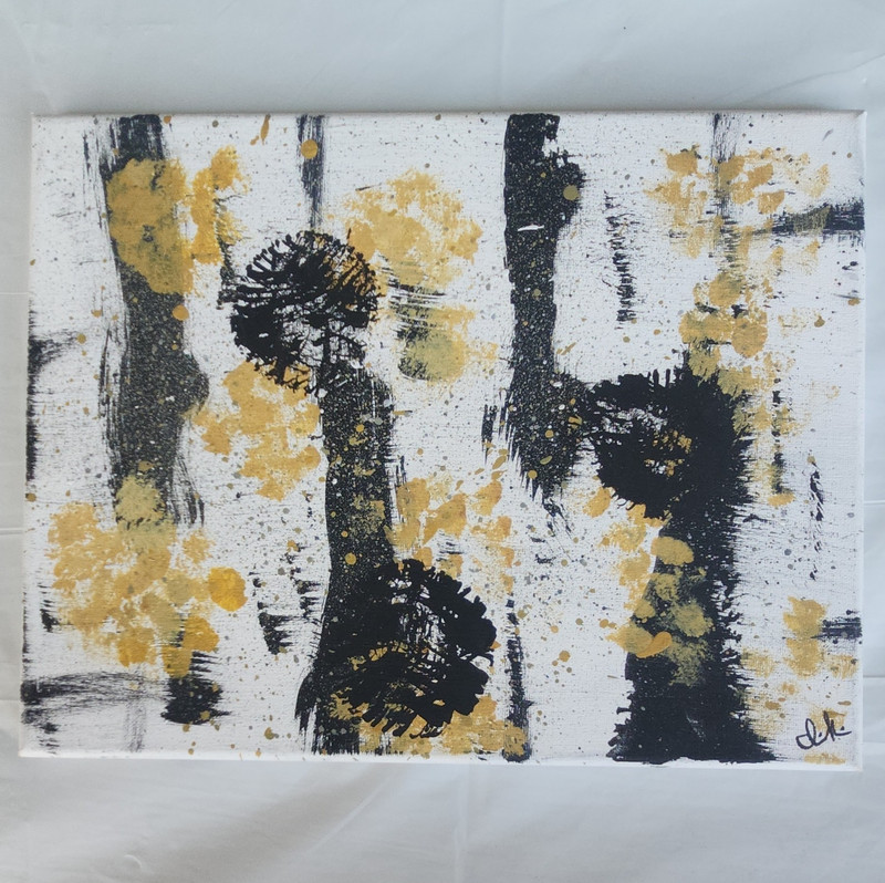 Signed Abstract Black & Gold Canvas Painting, Unframed Single Piece
