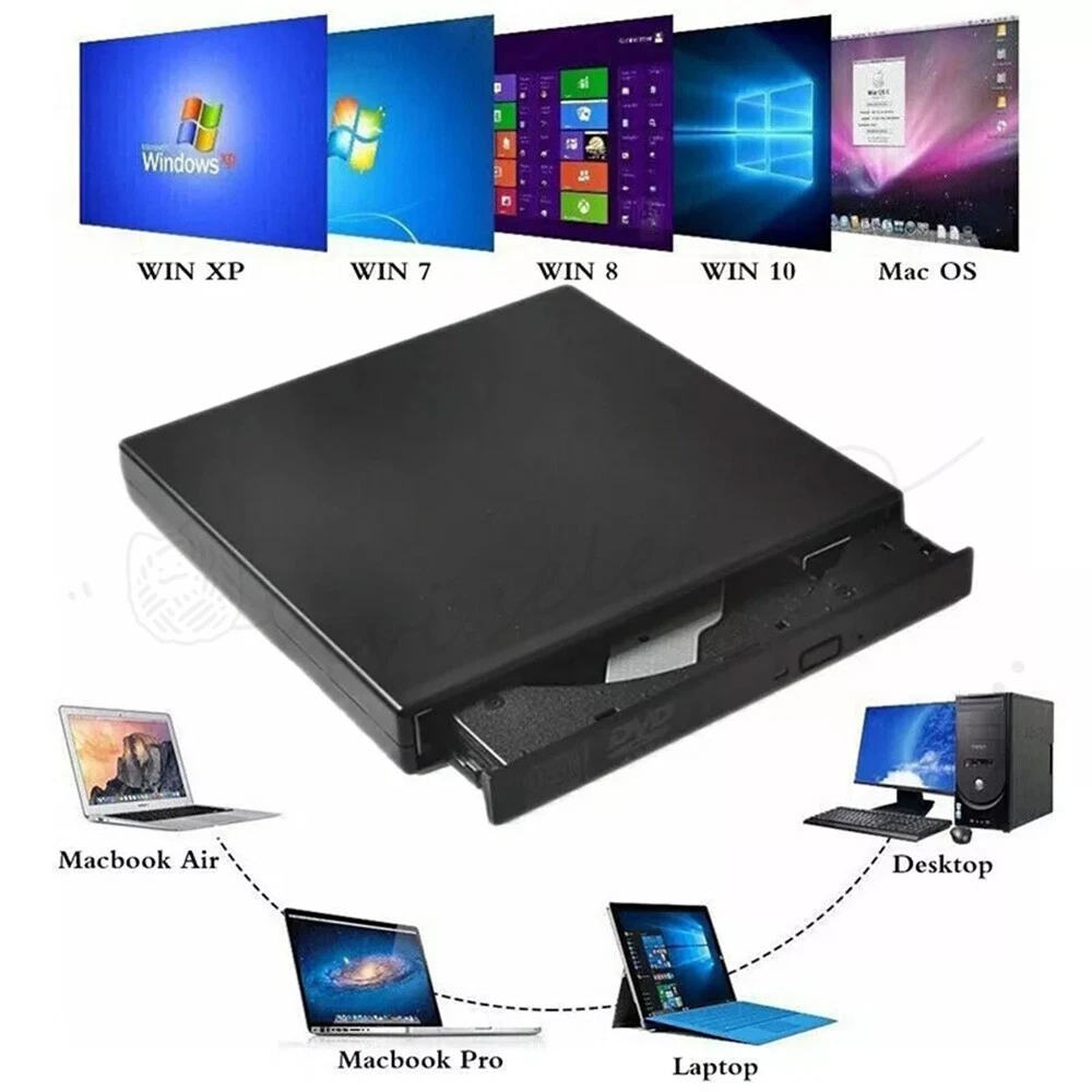 USB External CD DVD ROM Writer Burner Player Drive PC Laptop for Windows Mac