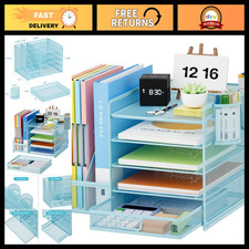 5-Tier Desk Organizer with File Holder, Drawer 2 Pen Holders - Mesh Storage fo