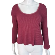 Rouje Gio Top Knit Ribbed Long Sleeve Lace Trim Mauve Rose Pullover Size 10 / 42