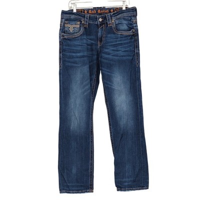 Rock Revival Jed Straight Jeans 34 Blue Embroidered Flap Pocket Streetwear