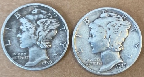 2  US MERCURY / BARBER DIMES, 1939 ....90% SILVER, w/ Wear  (Lot #19)