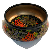 Vintage Khokhloma Lacquered Bowl Leaves & Red Fruit Design Made in USSR