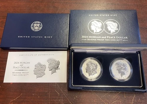 2024-S Reverse Proof $1 Morgan & Peace Silver Dollar 2pc Set Box ,OGP & COA