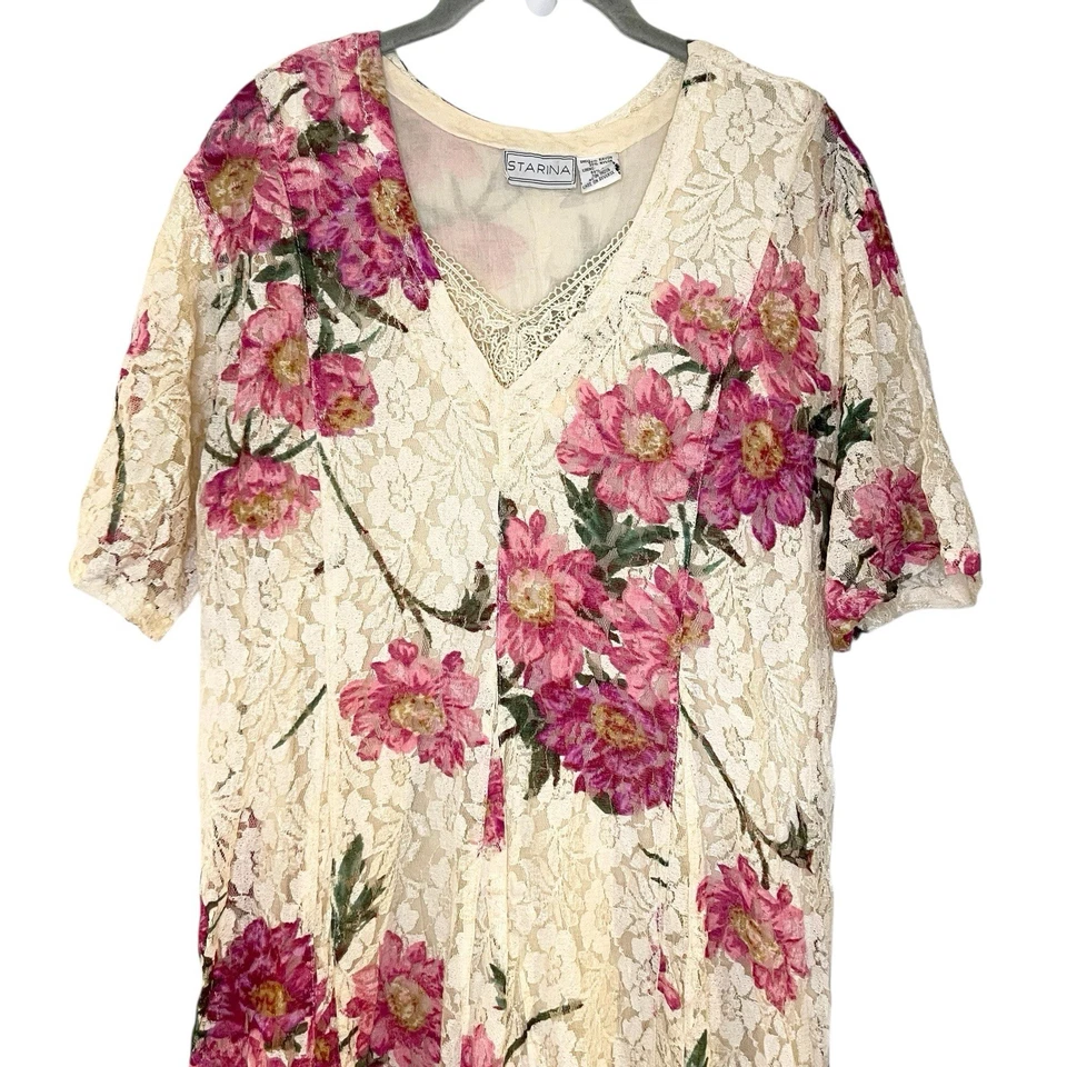 Vtg Starina Dress Ivory Pink Floral Cottagecore Tie Back Fit Flare Midi Fairy L - Image 3 of 4