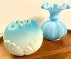 VTG Satin Powder Blue Glass Lot Fenton Ruffled Melon Beaded Vase & Vtg Rose Bowl