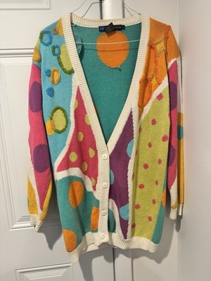 Vintage IB Diffusion Cardigan Beaded Abstract Colorful 80s 90s Art Sweater S