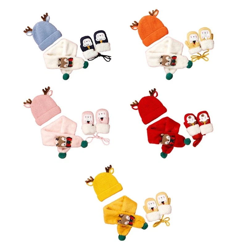 Winter Children Hat Scarf Gloves 3Piece Set Cute Antler Wool Feel Hat Cartoon