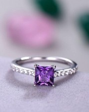 925 Silver 1.50 Ct Princess Cut Lab-Created Amethyst Solitaire Wedding Ring