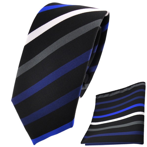 Schmale Tigertie Krawatte + Einstecktuch Royal Marine Silber Schwarz Gestreift-image
