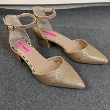 Betsey Johnson Heels Womens Gold Glitter Sz 6 Ankle Strap Pointed Toe Pump Flaw