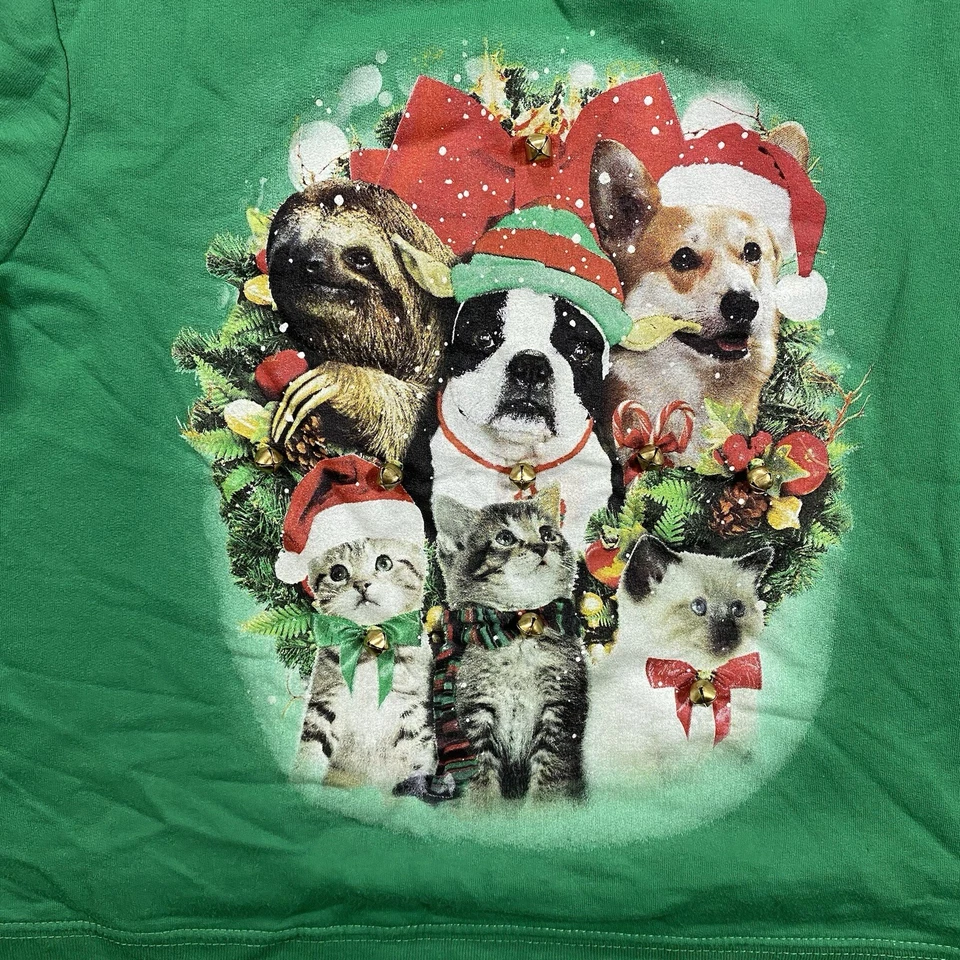 Fifth Sun Christmas Sweatshirt Youth Size L Green Cats Dogs Sloth Real Bells - Image 2 of 4