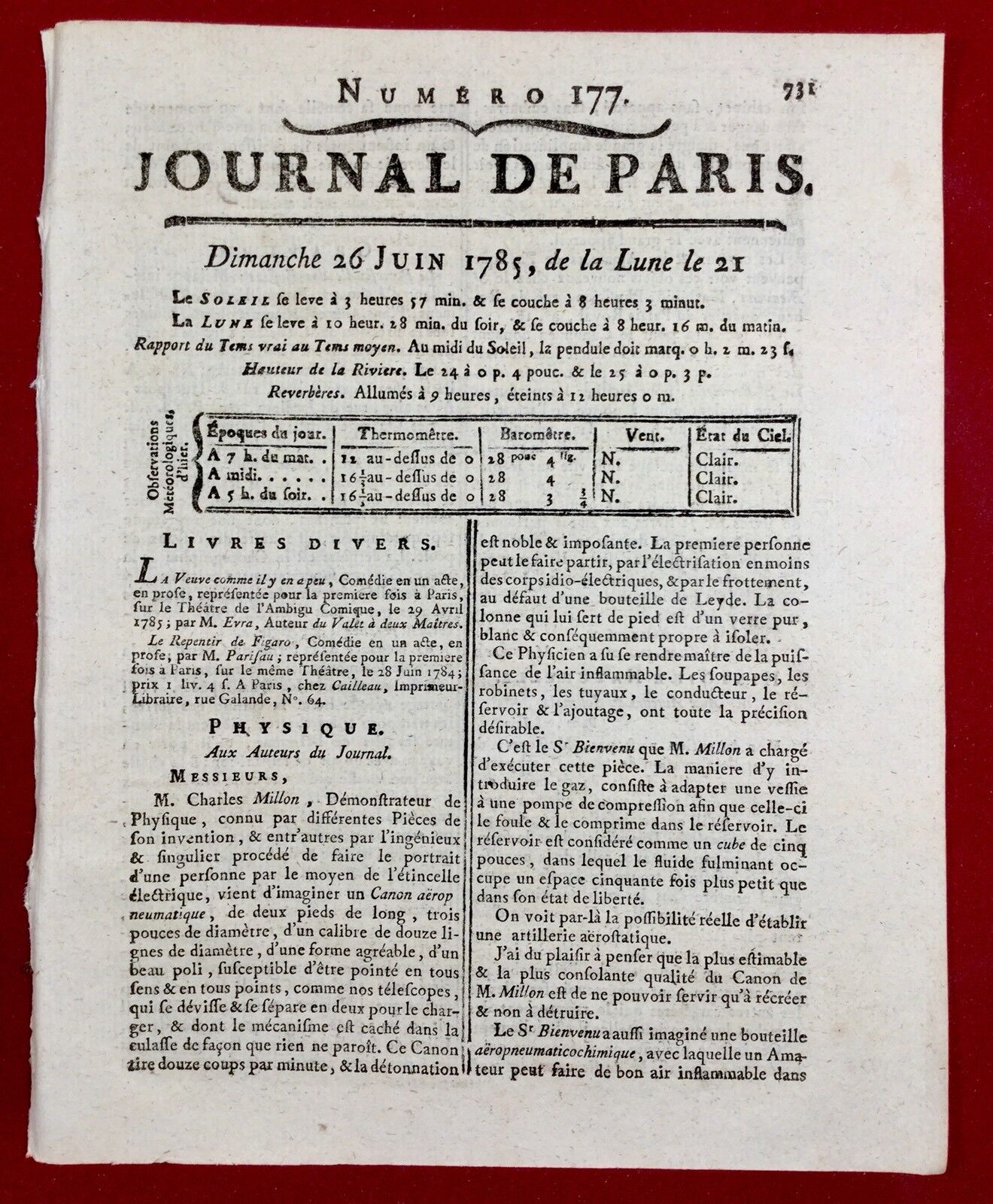 Canon Aéro pneumatique de Charles Millon 1785 Artillerie Journal de Paris