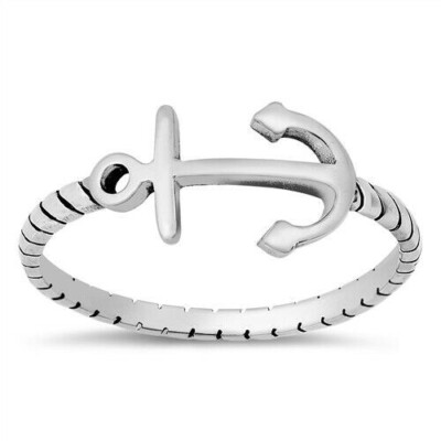Anchor Ring Genuine Solid Sterling Silver 925 Oxidized Face Height 8 mm Size 5