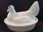 Westmoreland Milk Glass Large Hen Chicken on Basket Nest Criss Cross Basket Vint
