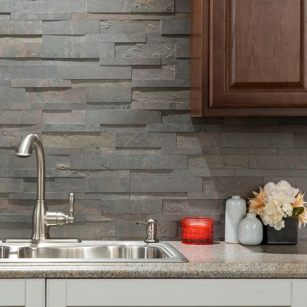 Aspect Peel and Stick Stone Backsplash Raised Titanium Single Tile