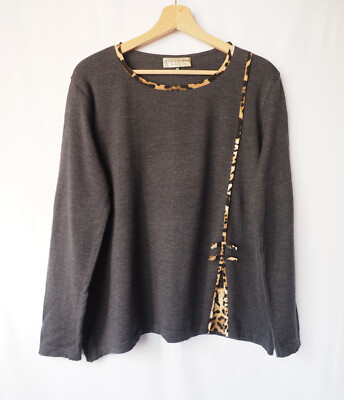 Elisa Fanti Made In Italy 100% Wool Sweater Gray with Leopard Print Trim Size 54