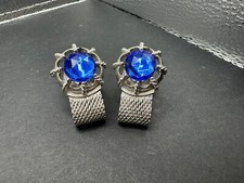 Vintage Swank Silver Tone Mesh Wrap Cufflinks Blue Cabochon
