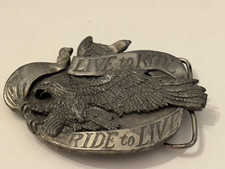 Vintage 1981 Belt Buckle " Ride to Live Live to Ride" Brass Eagle USA