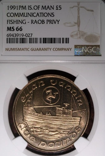 1991 PM RAOB PRIVY FIVE POUNDS NGC MS 66 ISLE OF MAN COMMUNICATIONS FISHING