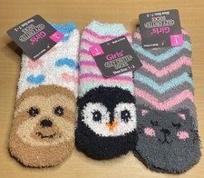Girls Cozy Critter Socks Size 7-3Cozy Fuzzy Peguin/monkey/cat Warm Soft Lot Of 3