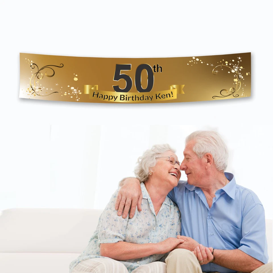 Suministros personalizados de pancarta de tela dorada para fiesta de feliz cumpleaños 50 aniversario Foto 4 de 4