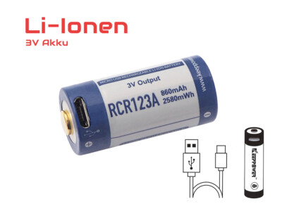 RESTPOSTEN  RCR123A 3V - 860mAh - 2580mWh Li-Ionen-Akku aufladbar über micro USB