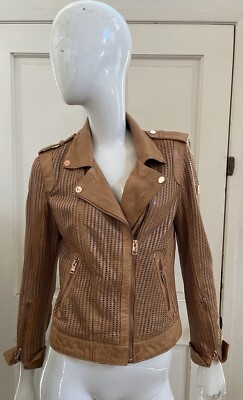 MAURITIUS Tan Brown Lamb Leather Perforated Lined Motorcycle Jacket Sz US 6