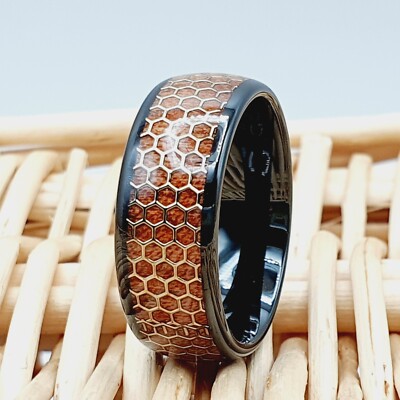 Men's Black Tungsten Wedding Ring Gold Honeycomb Design & Natural Rosewood Inlay