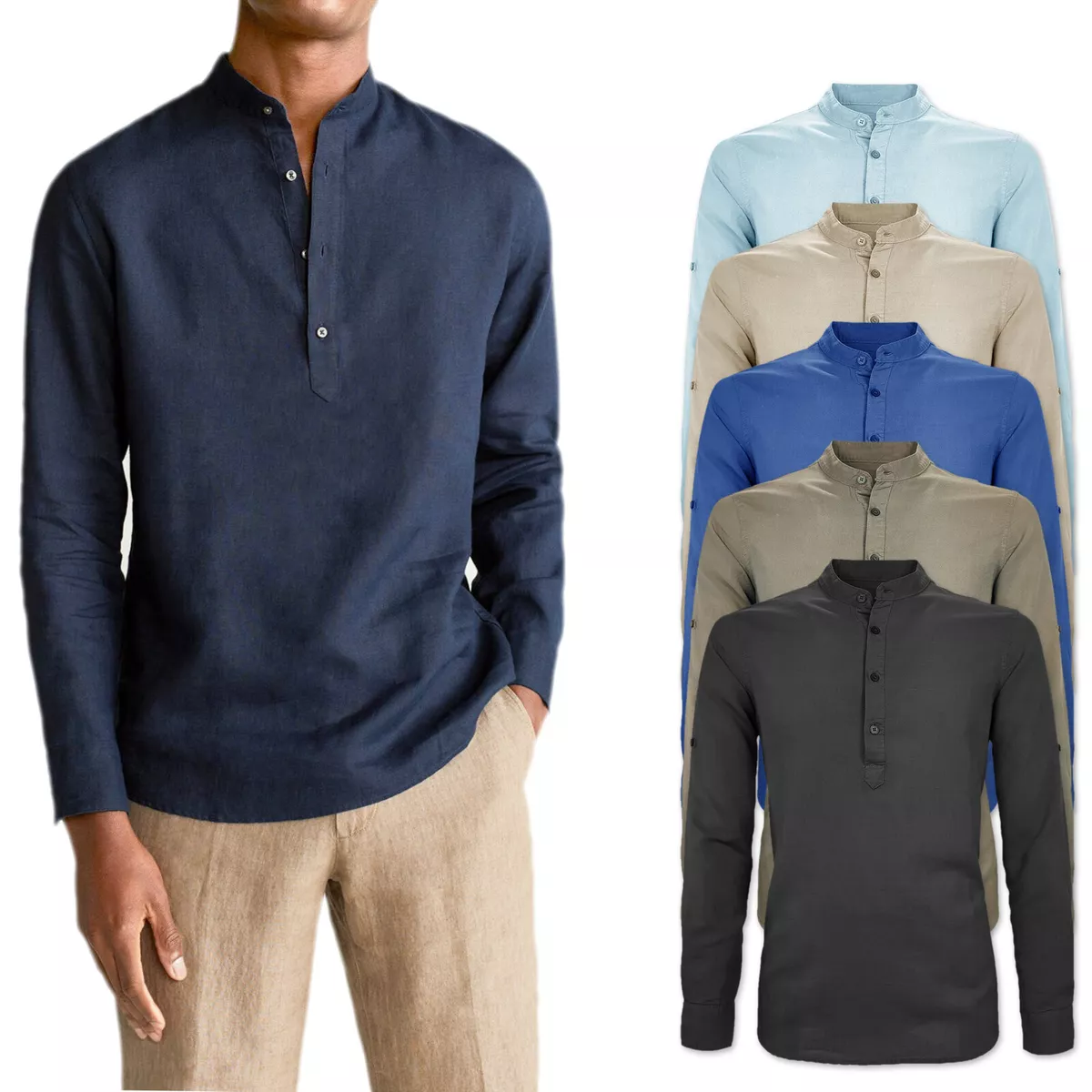 Camicia Uomo Di Lino Casual Slim Fit Manica Lunga Collo Serafino 3