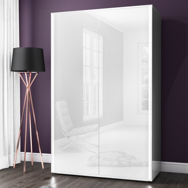 White High Gloss 2 Door Double Wardrobe LED Lights Modern Bedroom for
