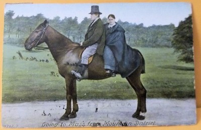 Vintage Postcard Man Woman on Horse Riding on  country path going to Mass. 1909