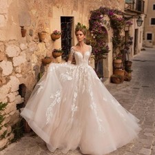 Champagne A Line Wedding Dress Long Sheer Sleeves Floral Lace Tulle Bridal Gown