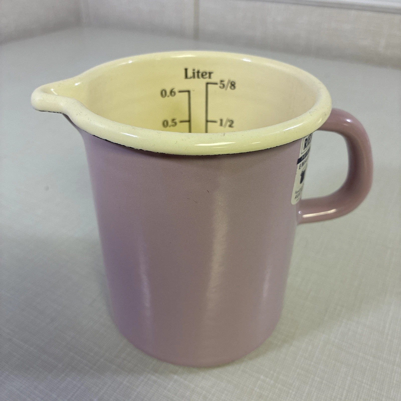 Riess 0.5 L Enamel Measuring Cup Austria White Spouted Pitcher Farmhouse Purple