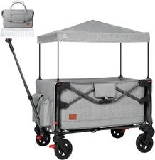 Foldable Travel Wagon Stroller with Removable Canopy, for 2 Kids & Cargo