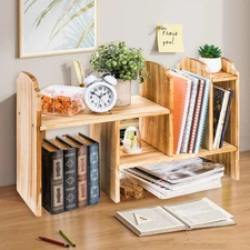 Adjustable Desktop Storage, Wood Display Bookshelf with 7 Compartments, Expan...