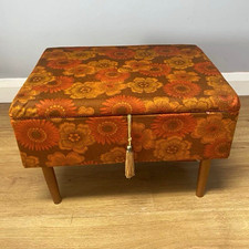 Vintage Floral Storage Ottoman Footstool, Rectangular Fabric/Wood, Orange/Brown