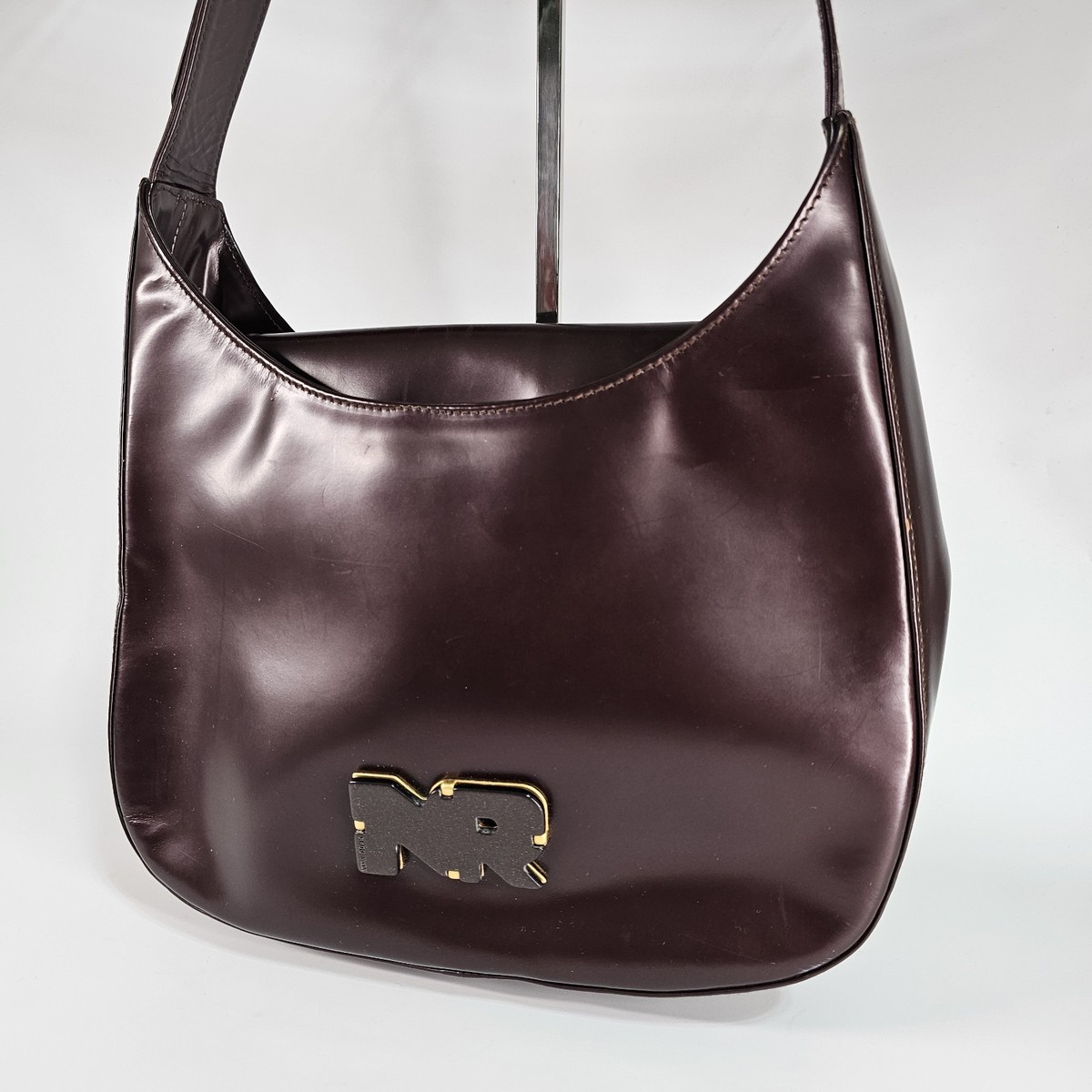 Nina Ricci Leather Shoulder Bag Maroon Adjustable Strap Crescent 