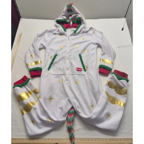 Tispy Elf women's white Christmas hooded unicorn one piece pajama festive LG - product listing photo
