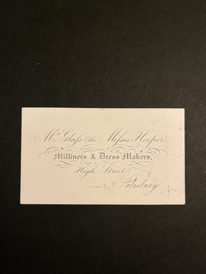 Viktorianische gravierte Sammelkarte Glas & Hooper, weibliche Milliners, Salisbury