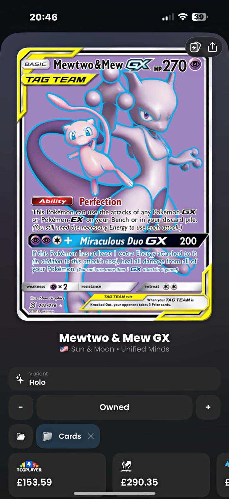 Mewtwo & Mew GX 222/236 Unified Minds TAG TEAM Full Art Holo Ultra Rare EN