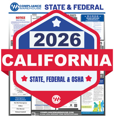2026 California CA State/Fed Labor Law All In1 Compliance Poster Paper/Laminated