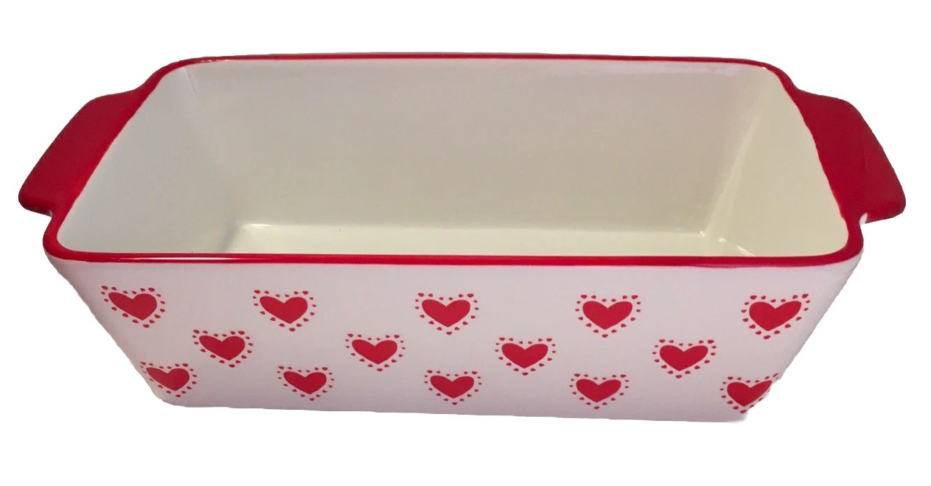 Prima Design HEARTS ❤️ DESIGN BAKING DISH ~ LOAF PAN Red & White NWT