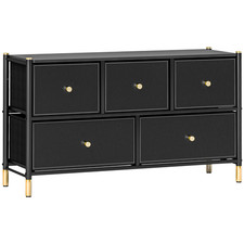 Chest of Drawers Black PU Leather MDF Steel 100x30x58cm 3L+2S Fabric GoldHandles