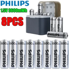 PHILIPS 8PCS 1.5V 3600mWh AA Rechargeable Batteries Lithium with Fast Charger