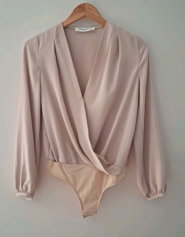 Amanda Uprichard V-Neck Blouse Bodysuit Size P - Nude/Beige Long Sleeve Thong