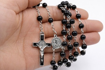 Schwarzer Rosenkranz Perlen Religiös Heilig Kreuz Christentum Mutter Maria + Gratis Geschenktüte