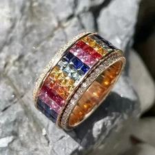 8Ct Princess Cut Triple-Row Multicolor Eternity Band Ring 14K Yellow Gold Plated