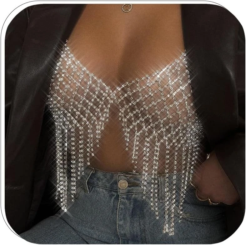 Cadena corporal de malla de diamantes de imitación para mujer plata festival joyería collar borla Foto 3 de 4