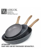 Nonstick Frying Pan 3PCS Set - Wooden Handle Hanging Skillets